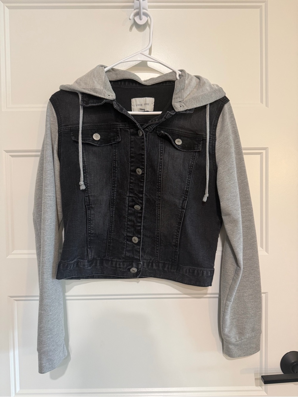 Love Tree Black Denim Jacket with Gray Hoodie Sleeves